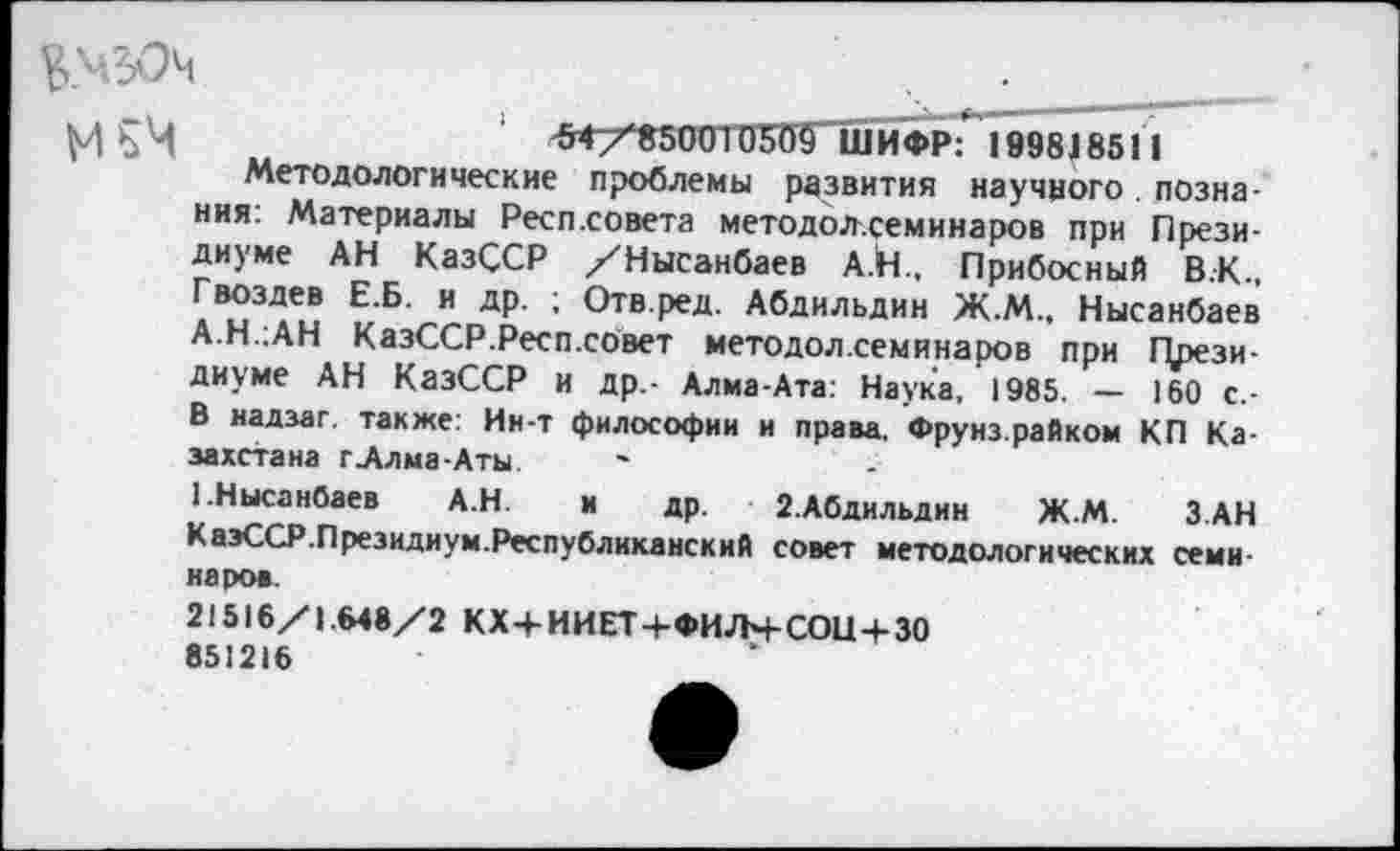 ﻿й.ЧЗОч	.
^154	'М/'85ии1иЫЮ ШИФрГ199818511
Методологические проблемы развития научного. познания: Материалы Респ.совета методол.семинаров при Президиуме АН КазССР /"Нысанбаев А.Й.. Прибосный В.К.. Гвоздев Е.Б. и др. ; Отв.ред. Абдильдин Ж.М., Нысанбаев А.Н.:АН КазССР.Респ.совет методол.семинаров при Црези-диуме АН КазССР и др,- Алма-Ата: Наука, 1985. — 160 с.-В надзаг. также: Ин-т философии и права. Фрунз.райком КП Казахстана г .Алма-Аты
1.Нысанбаев А.Н. и др. 2.Абдильдин Ж.М. ЗАН КаэССР.Президиум.Республиканский совет методологических семинаров.
21516/1.648/2 КХ+ИИЕТ+ФИЛЧ-СОН+30
851216